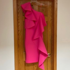 Lavish Alice scuba midi ruffle one shoulder dress.